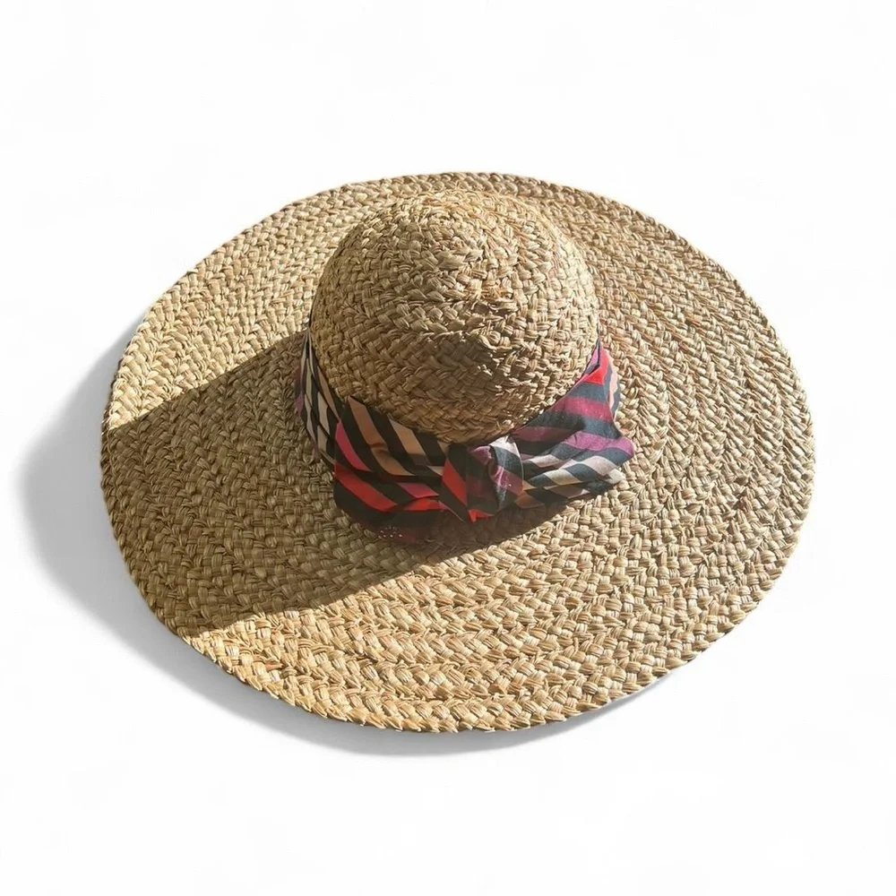 Sonia Rykiel straw hat with stripe bow *flaw* tan beige multicolor vintage y2k